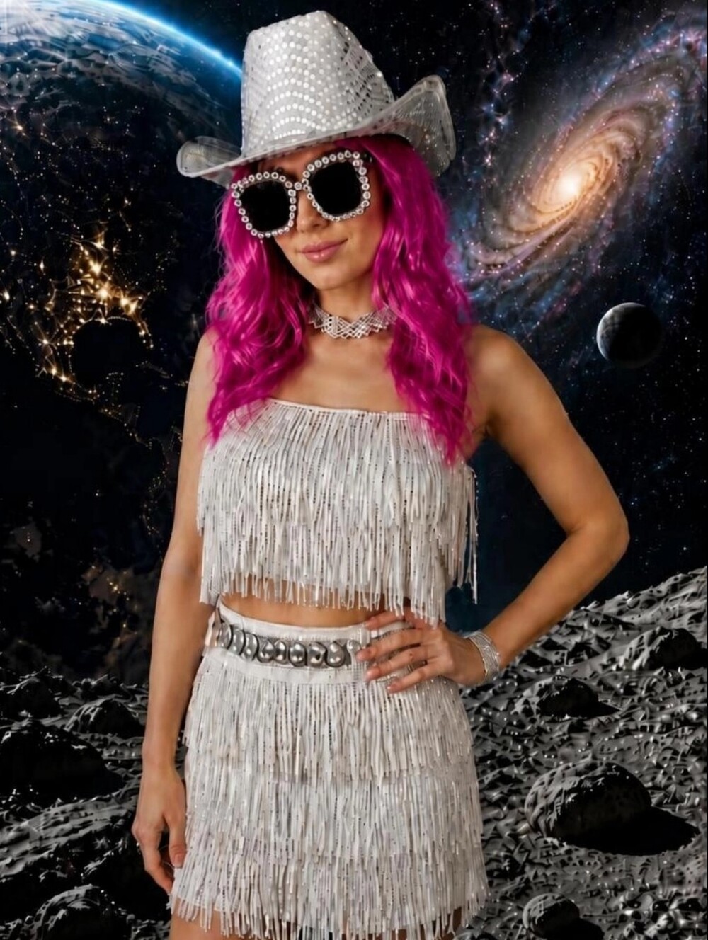 ✨ Space Cowgirl Retro-Futuristic Metallic Fringe Costume Set Size M